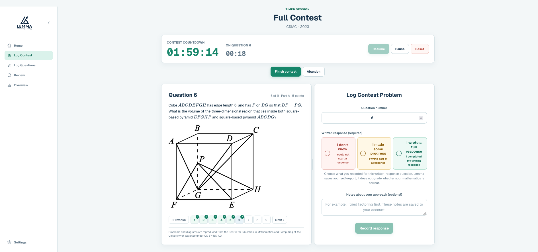 A timed Waterloo contest problem beside Lemma's response and approach logger.