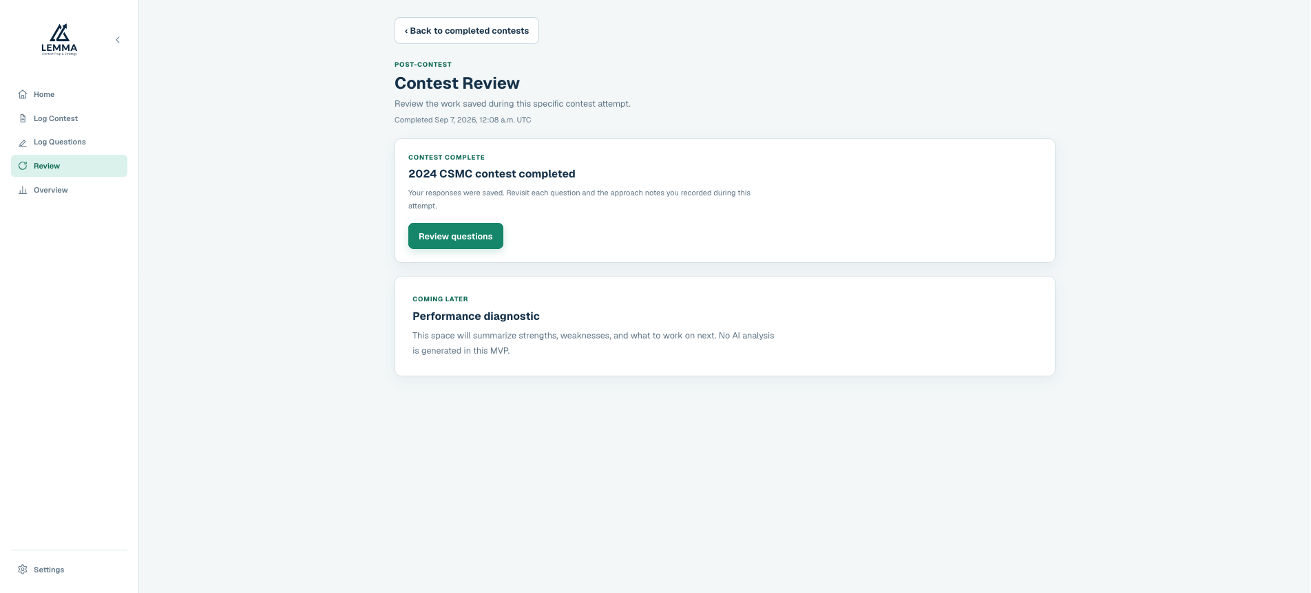 A preview of a completed contest with an AI-marked score and marks for all nine problems.