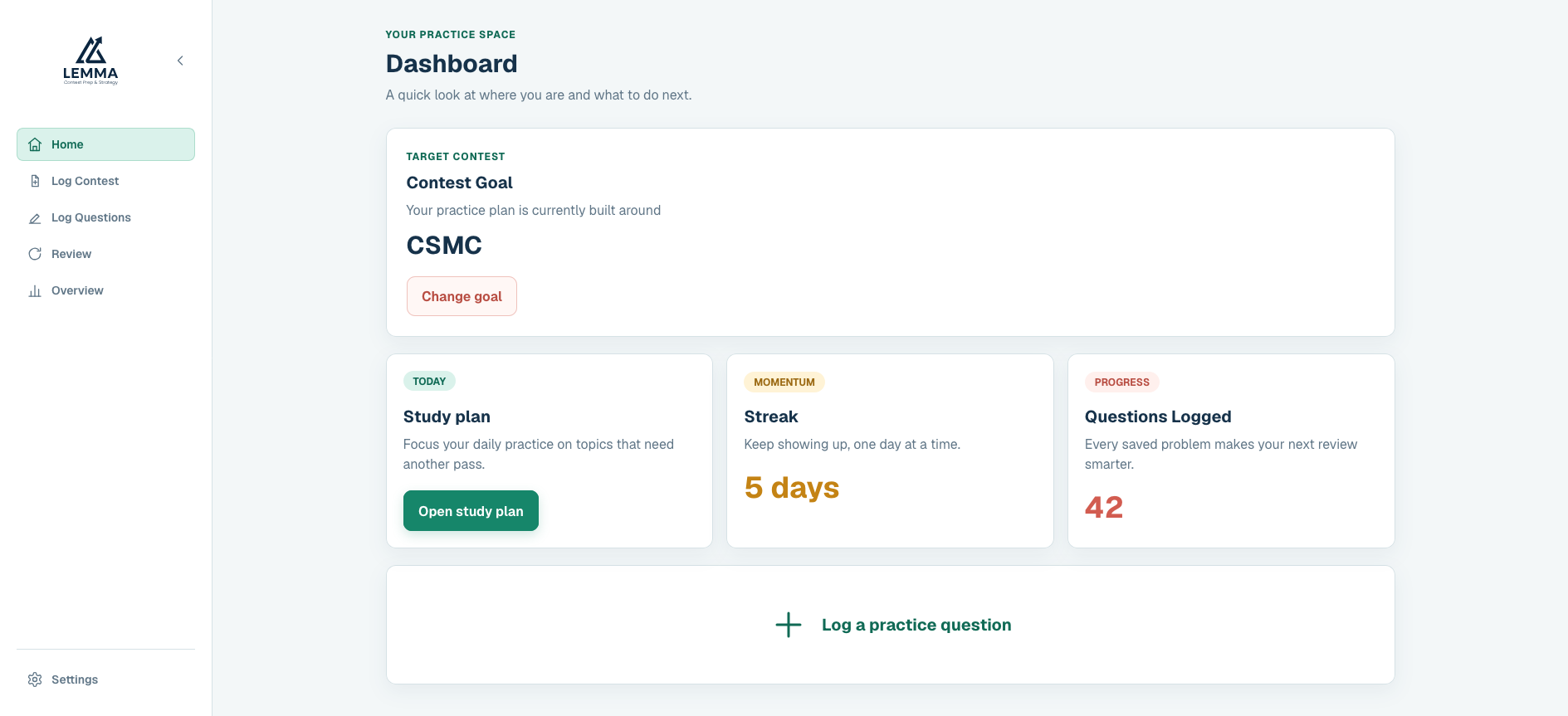 Lemma dashboard with navigation, a CSMC contest goal, study plan, five-day streak, and logged-question progress.