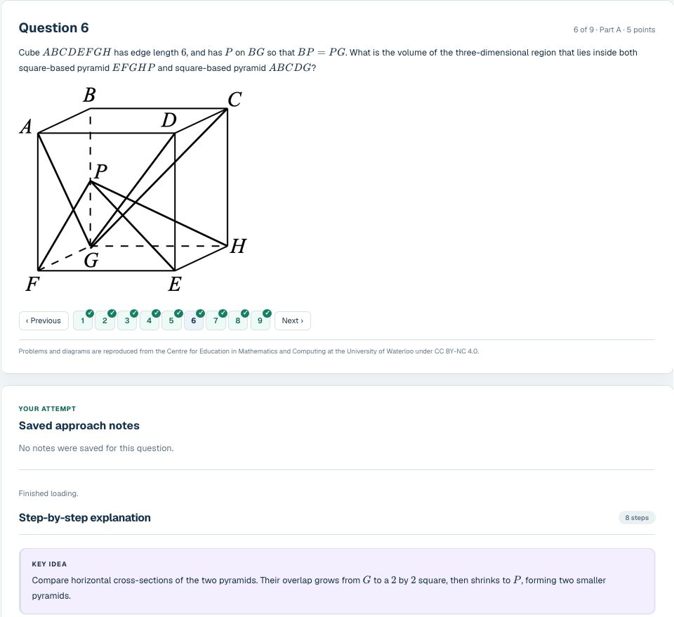 A student's saved approach shown with targeted feedback and a step-by-step explanation.