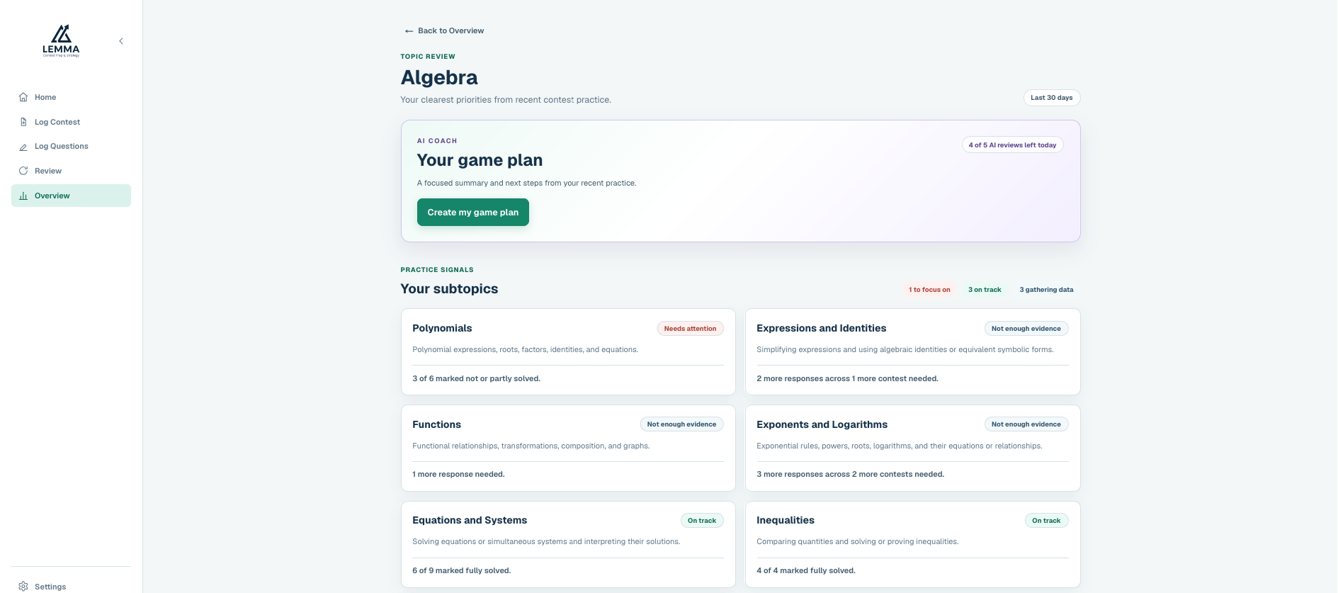 The Algebra topic review with subtopic evidence and a button to create a game plan.